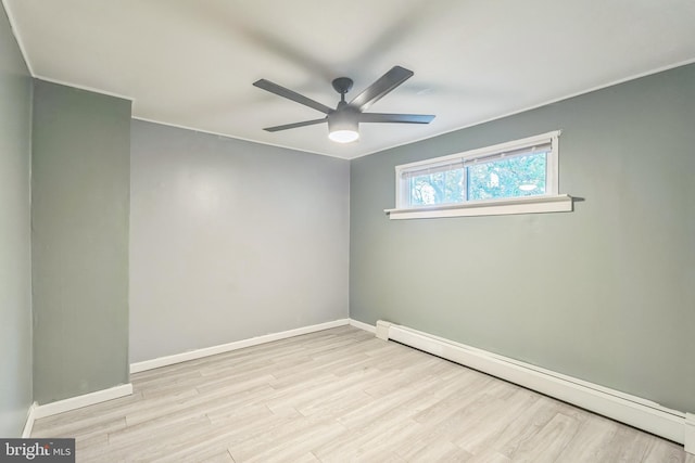 spare room with ceiling fan, light hardwood / wood-style flooring, and a baseboard radiator