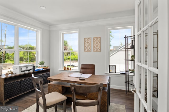 dining room with crown molding, french doors, and dark hardwood / wood-style floors