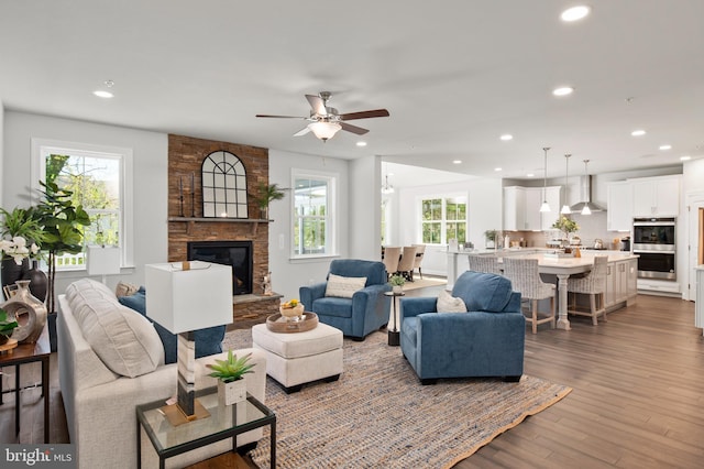 living room featuring ceiling fan, a fireplace, and wood-type flooring