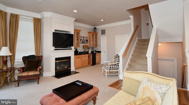 9 134th St Unit 9A, Ocean City, MD 21842 - living room featuring stairs, ornamental molding, a large fireplace, recessed lighting, and baseboards