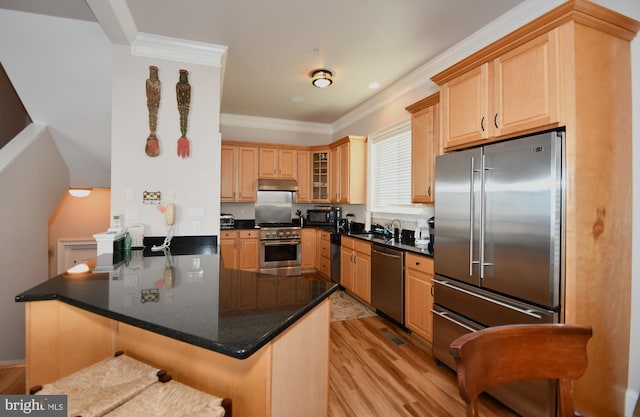 kitchen featuring a peninsula, under cabinet range hood, crown molding, high quality appliances, and light wood-type flooring