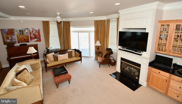 9 134th St Unit 9A, Ocean City, MD 21842 - living room with crown molding, a ceiling fan, light carpet, a fireplace with flush hearth, and recessed lighting