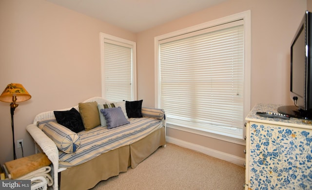 living area featuring carpet and baseboards