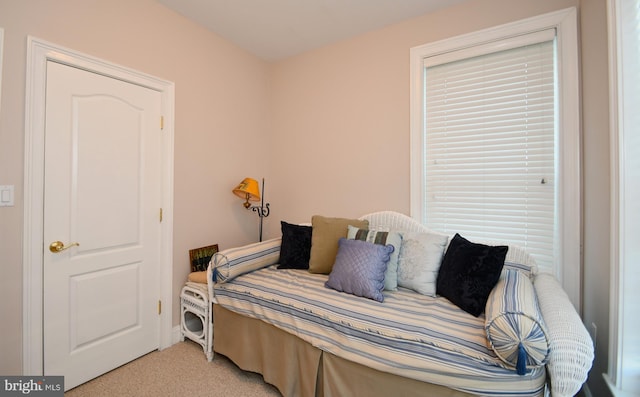 bedroom featuring light carpet