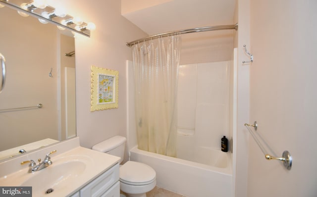 full bath with toilet, vanity, and shower / bath combination with curtain