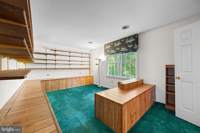 interior space featuring dark colored carpet