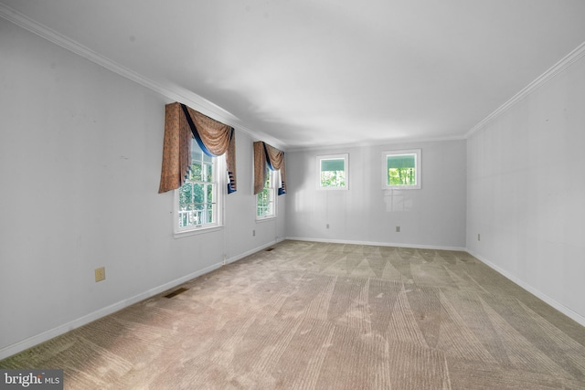 unfurnished room with light colored carpet and ornamental molding