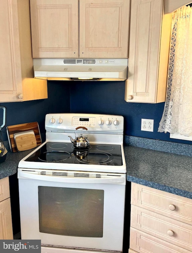 kitchen with extractor fan, light brown cabinets, and white electric range