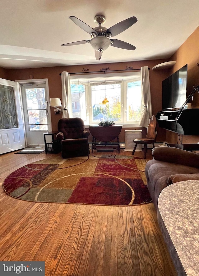 living room featuring ceiling fan, plenty of natural light, and hardwood / wood-style floors