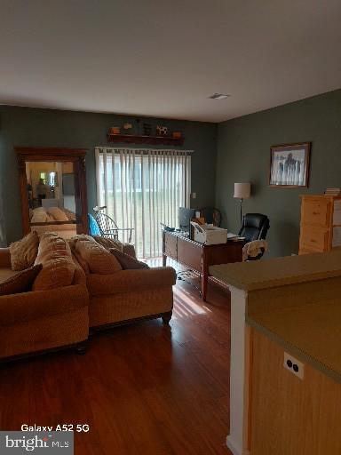 living room with dark hardwood / wood-style floors