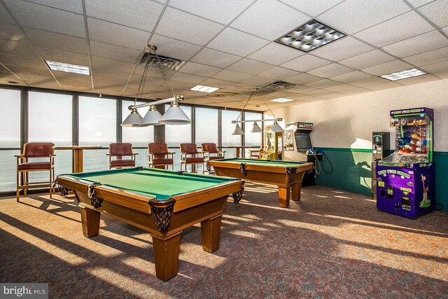 rec room featuring a paneled ceiling, billiards, and carpet flooring