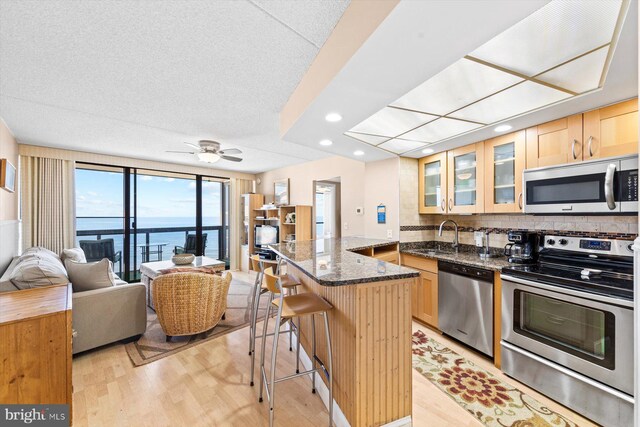 kitchen featuring a breakfast bar, dark stone counters, light hardwood / wood-style flooring, stainless steel appliances, and a water view