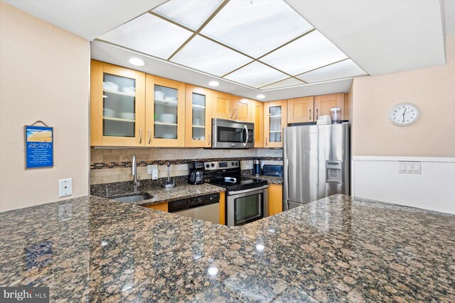 kitchen with appliances with stainless steel finishes, sink, dark stone counters, and decorative backsplash