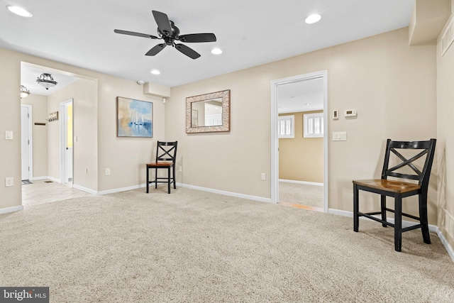 unfurnished room featuring recessed lighting, ceiling fan, visible vents, carpet, and baseboards
