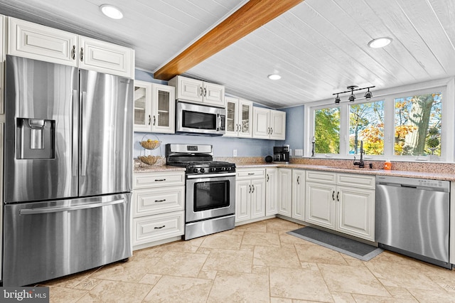 kitchen featuring wooden ceiling, recessed lighting, stainless steel appliances, a sink, and white cabinetry