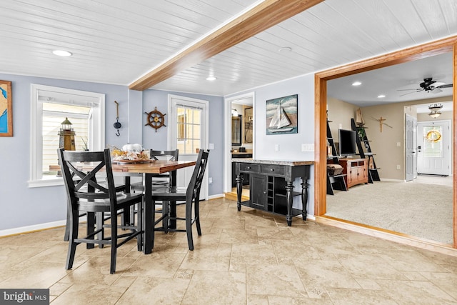 dining space with baseboards, recessed lighting, and ceiling fan
