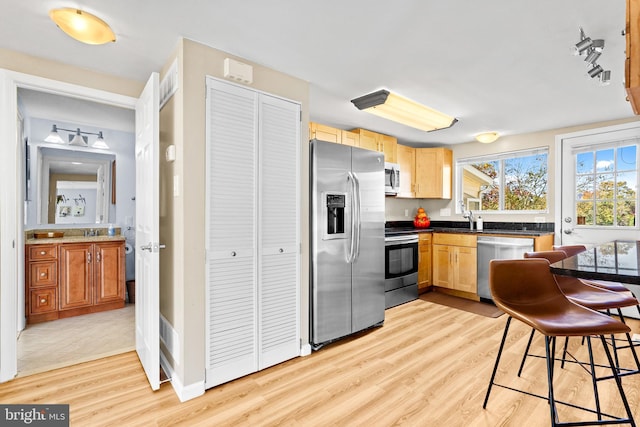 kitchen featuring light wood-type flooring, stainless steel appliances, dark countertops, and rail lighting