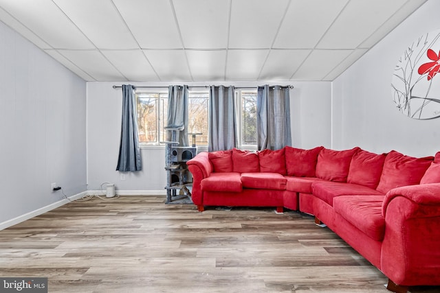 living room with wood-type flooring and a drop ceiling