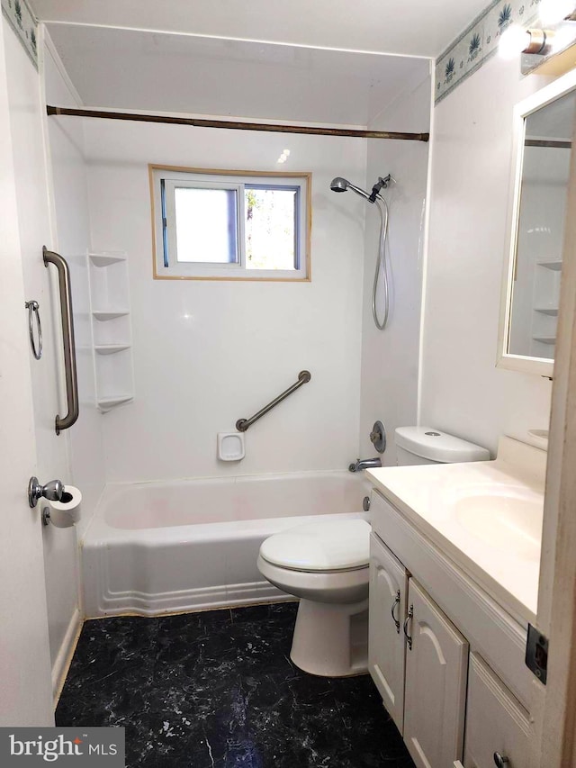 full bathroom with tub / shower combination, vanity, and toilet