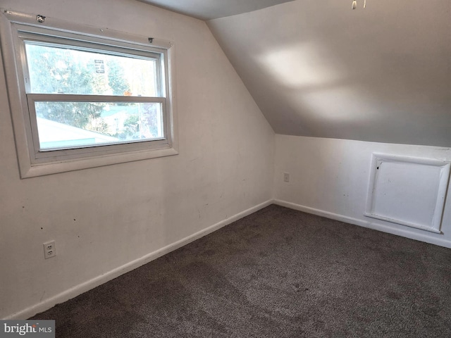 additional living space with lofted ceiling and dark colored carpet