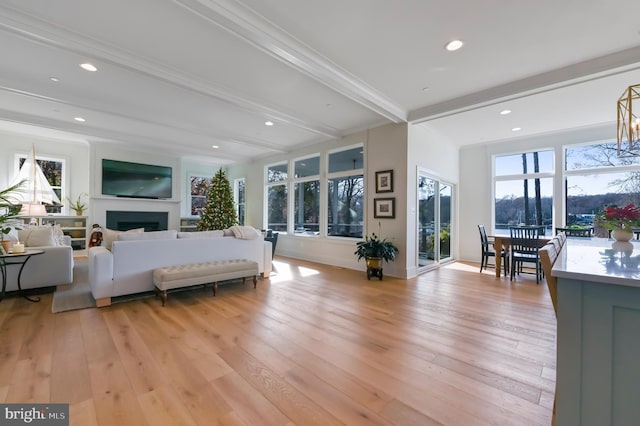 bedroom featuring light hardwood / wood-style flooring, multiple windows, and beamed ceiling