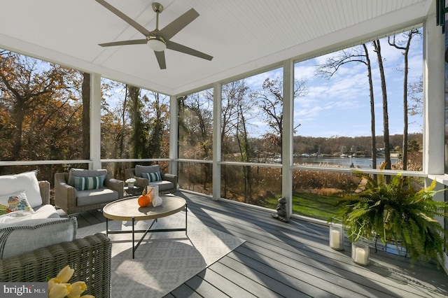 sunroom featuring ceiling fan