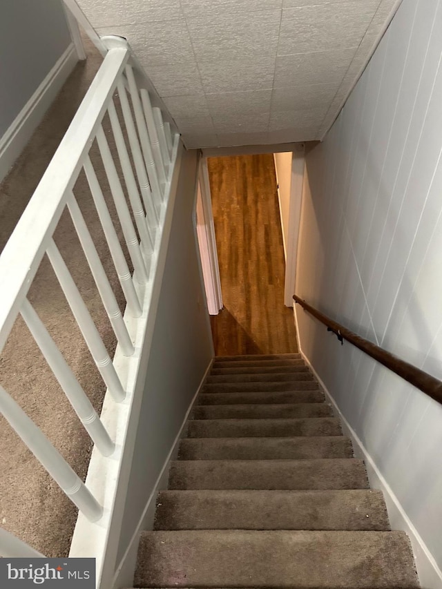 staircase featuring wooden walls and hardwood / wood-style flooring