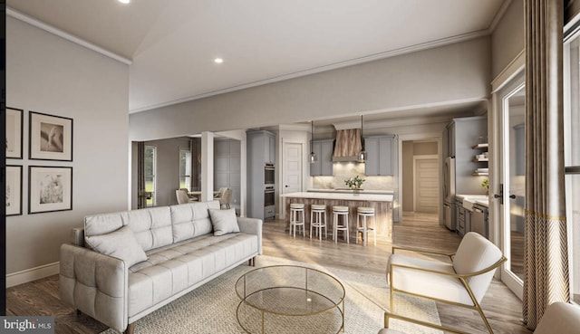 living room featuring ornamental molding and light wood-type flooring