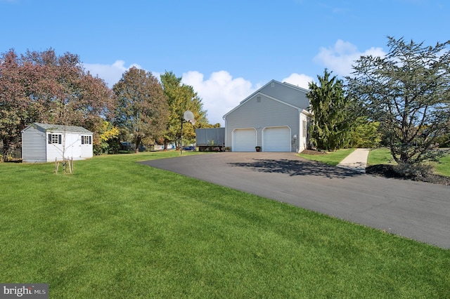 exterior space featuring a storage unit and a front lawn