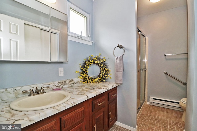 bathroom with vanity, walk in shower, tile patterned flooring, toilet, and baseboard heating