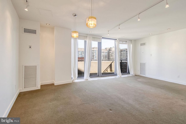 unfurnished room with carpet floors and rail lighting