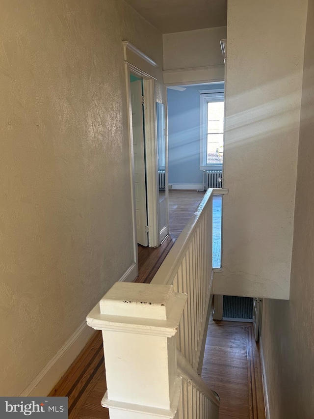 staircase featuring radiator heating unit and hardwood / wood-style flooring