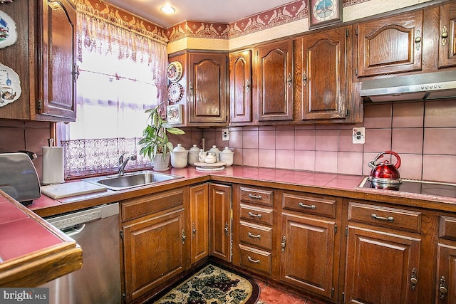1144 E Slocum St, Philadelphia, PA 19150 - kitchen featuring dishwasher, black electric cooktop, under cabinet range hood, and decorative backsplash