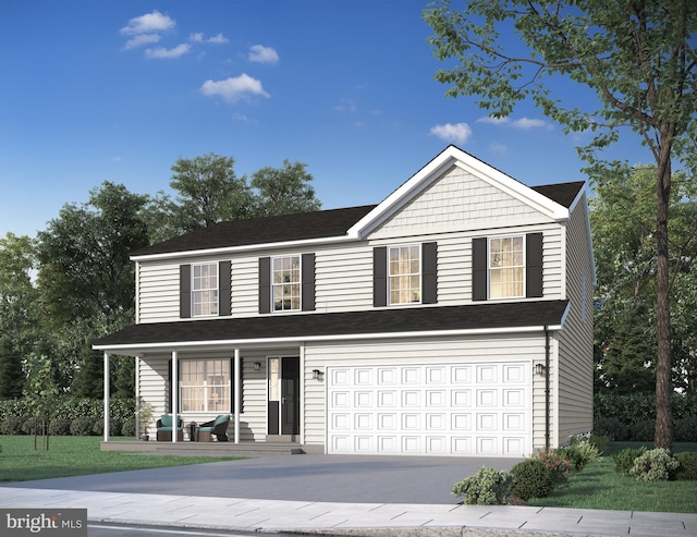 view of front of property featuring a front yard, a porch, and a garage