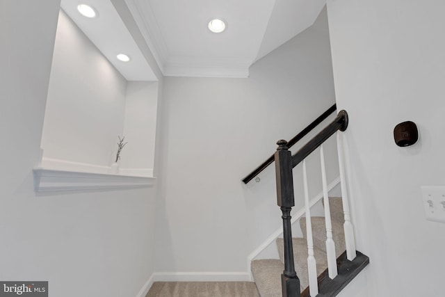 stairway featuring carpet flooring and ornamental molding