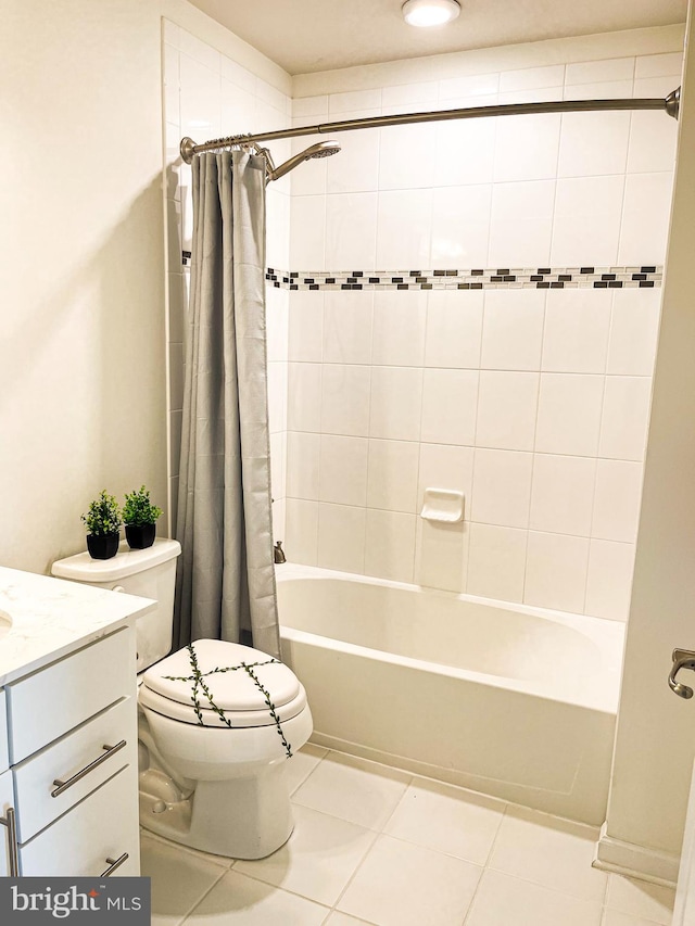 full bathroom with vanity, toilet, tile patterned floors, and shower / bathtub combination with curtain