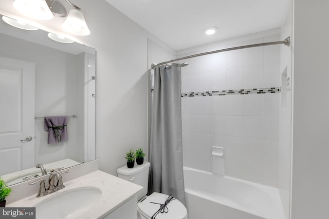 full bathroom with toilet, vanity, and shower / bath combination with curtain