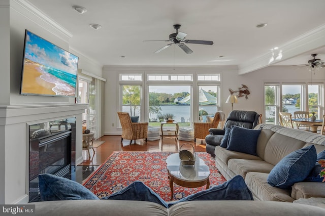 living room with a fireplace, hardwood / wood-style floors, a water view, and a wealth of natural light