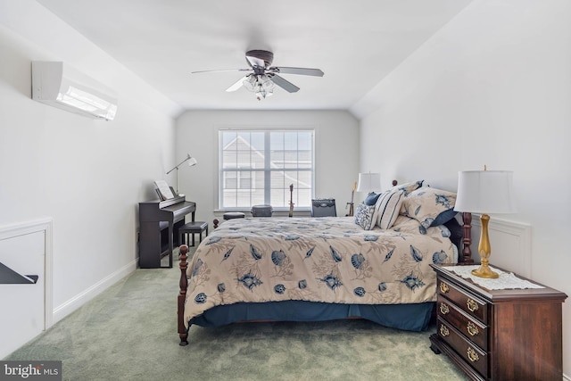 carpeted bedroom with an AC wall unit, vaulted ceiling, and ceiling fan