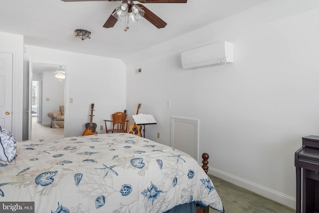 bedroom featuring a wall unit AC, carpet flooring, and ceiling fan