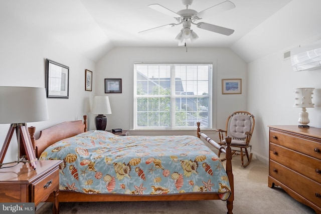 bedroom with vaulted ceiling, light carpet, and ceiling fan