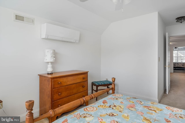 bedroom featuring ceiling fan, a wall mounted AC, lofted ceiling, and light colored carpet