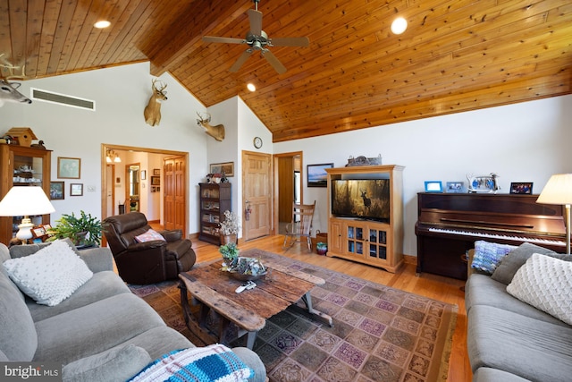 living room featuring wood ceiling, beam ceiling, wood-type flooring, high vaulted ceiling, and ceiling fan