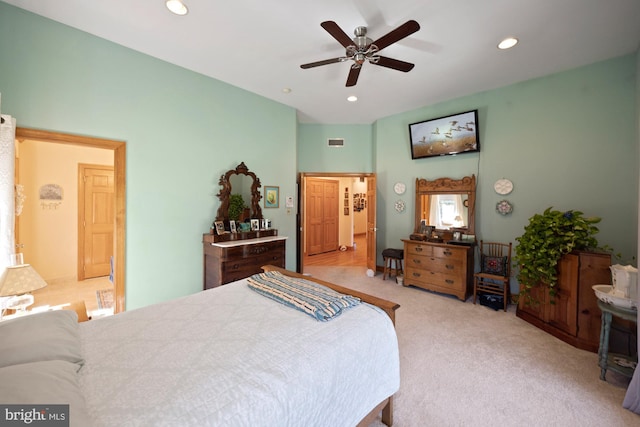 carpeted bedroom with ceiling fan