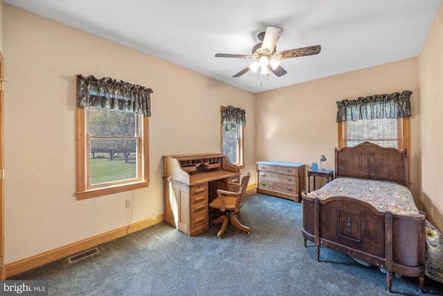 carpeted bedroom with ceiling fan