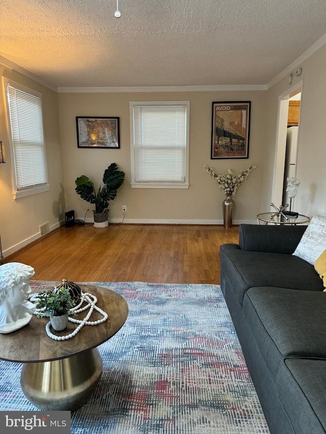 living room featuring wood-type flooring, a textured ceiling, and ornamental molding