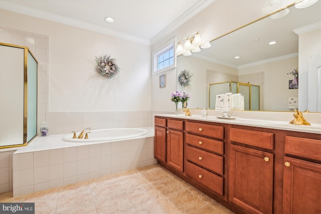 bathroom featuring crown molding, tile patterned flooring, vanity, and plus walk in shower