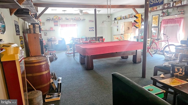 rec room featuring beam ceiling, carpet, pool table, and ceiling fan