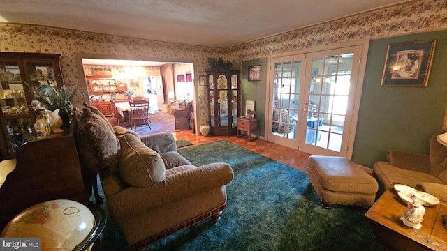 living room with french doors and tile patterned flooring