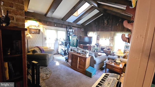 living room with vaulted ceiling with skylight and wooden walls